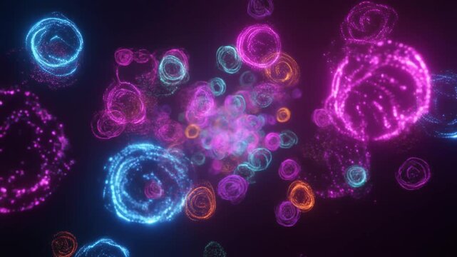 Abstract particles animation stirs cosmic vortex funnels. Pink blue orange light rays swirl across shimmering paths. Creative space dust arrays loop deep universe fields.