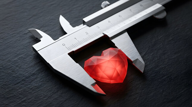 Precision metal caliper measuring a glowing faceted crystal heart shape on a textured stone surface
