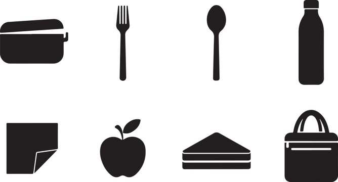 Set of lunch icons including food container fork spoon bottle apple and sandwich