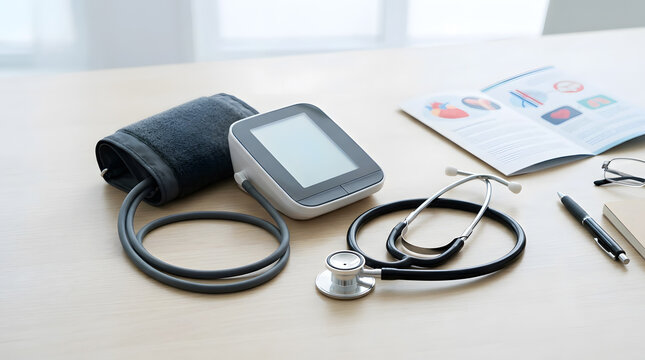 Professional diagnostic medical equipment with blood pressure monitor and stethoscope on clean office wooden desk
