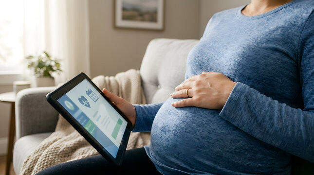 Pregnant woman sits on comfortable couch while using a digital tablet for healthcare tracking apps