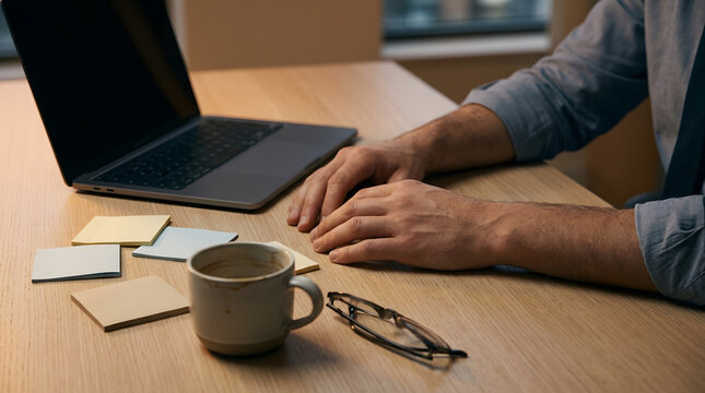 Professional man sitting at wooden office desk working on laptop with coffee and sticky note memos