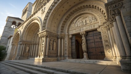 Obraz premium Romanesque Church Entrance With Detailed Stone Relief Sculpture Artwork