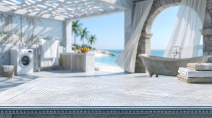 Obraz na płótnie Canvas White wooden table surface mockup in luxury outdoor laundry room with beach view for interior product presentation.