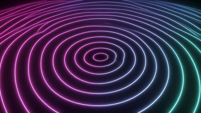 Abstract background blue animation loops neon circle lines. Pink teal color tracks wave across wavy gradient layouts. Minimal presentation charts loop corporate graphics.