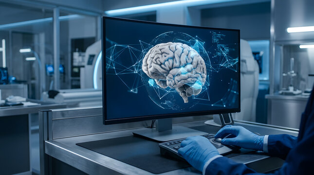 Scientist in gloves operating advanced computer system to view digital brain model in laboratory environment