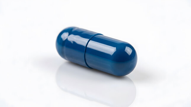 Single glossy blue pill capsule placed on a smooth surface for pharmaceutical healthcare industry promotion