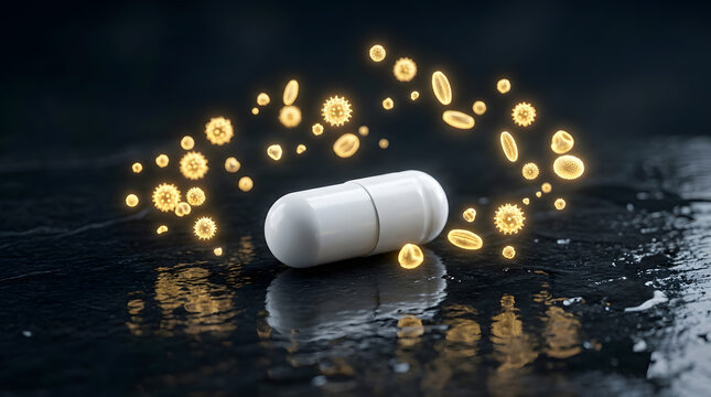 Single medical capsule floating near glowing microscopic pathogens on a dark reflective surface