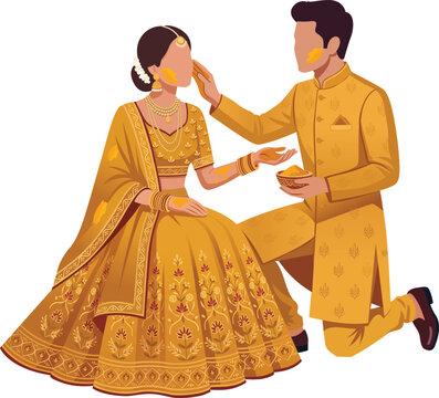 Haldi Wedding Couple appying pithi romantic design