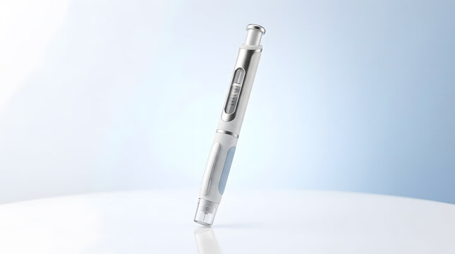 Single sterile medical injection pen standing upright on a smooth surface for pharmaceutical product presentation