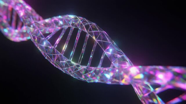 Abstract biology animation spins crystal double helix lines. Rainbow light refractions detail genetic core models. Medical genome database charts loop software files.