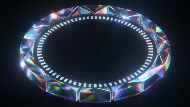 Abstract background animation centers diamond ring models. Blue light pathways ring high tech device frames. Clean structural engineering components loop layout metrics.