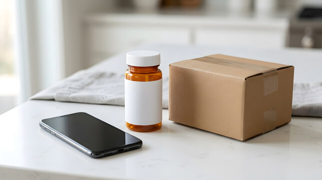 Small amber pill bottle with blank label next to cardboard box on kitchen counter