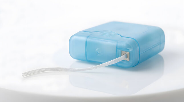 Small blue plastic dental floss container with white thread pulled out on a smooth surface