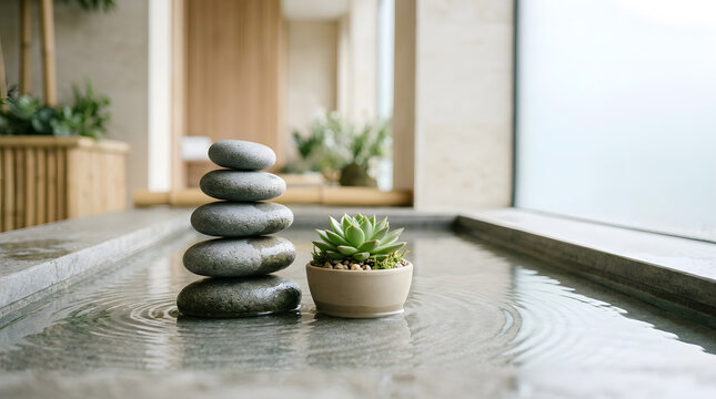 Stack of smooth balanced stones and small succulent plant arranged by calm water indoor spa