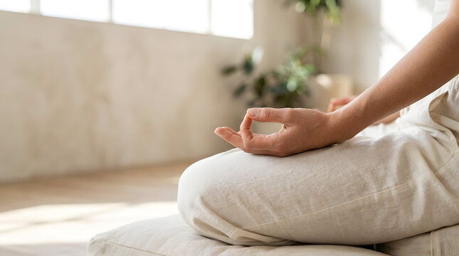 Woman sitting in a lotus position practicing yoga meditation in a peaceful bright airy room