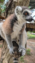 Fototapeta premium A portrait of a lemur sitting on a sawed-off tree branch in a lush outdoor enclosure. In the blurred background is lemur climbing infrastructure, a climbing net, green trees, and wooden animal houses.