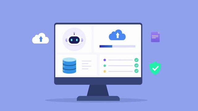 Modern flat vector animation of an AI database management dashboard on a desktop monitor with cloud upload, database storage, status indicators, and floating technology icons. Ideal for data managemen