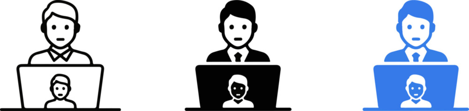 Set of office worker icons at computer workstations in various color variations with computer employee business workstation professional customer