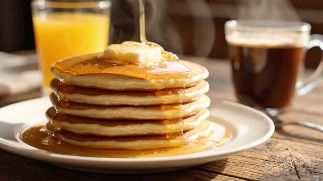 A delicious stack of golden pancakes with melting butter and syrup, served with orange juice and coffee for breakfast.