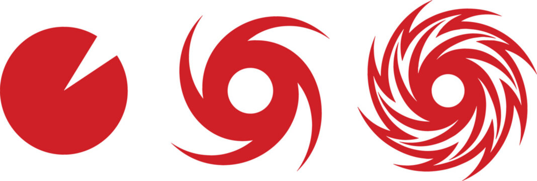 Hurricane Category Evolution Symbols Featuring Red Swirl Weather Icons Representing Tropical Storm Severity Vortex Movement and Meteorological Danger Warnings Vector Illustration