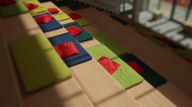 Kindergarten classroom bleachers with moving sunlight