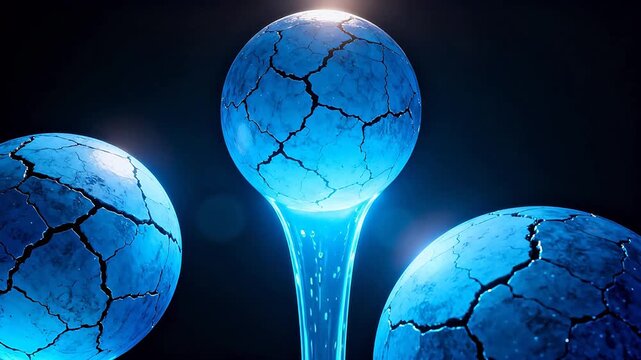 Three cracked blue spheres in space