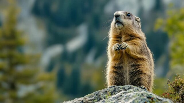 A squirrel standing on a rocky cliff overlooking the mountain range.