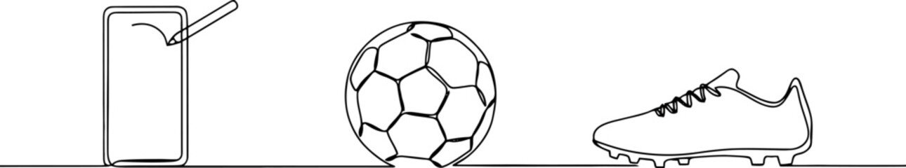 Naklejka premium Soccer ball, cleat, and smartphone with stylus in a continuous line style football shoe