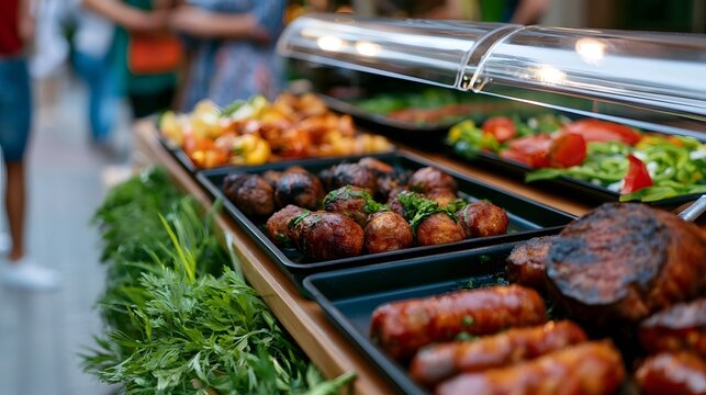 A commercial view of a fresh grilled snack stand featuring vibrant herbs and protective sneeze guards on a lively city sidewalk