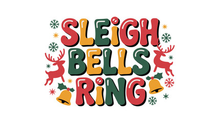 Sleigh bells ring christmas quote with red reindeer silhouettes and golden bells for seasonal holiday decorations or festive winter party invitations © BlackVault Designs