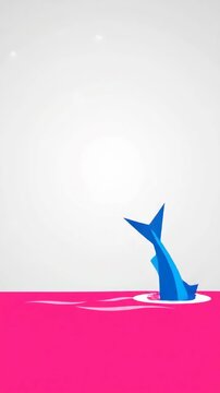 Blue Geometric Fish Jumping Out of Bright Pink Water Creating a Splash