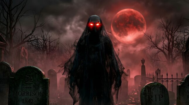 Spooky black ghost with glowing red eyes in a dark graveyard under a blood red moon at night