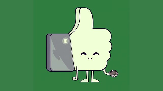thumbs up green background cell his hand phone middle green screen animated chromakey background gesture colorful frame cartoonish illustration depth