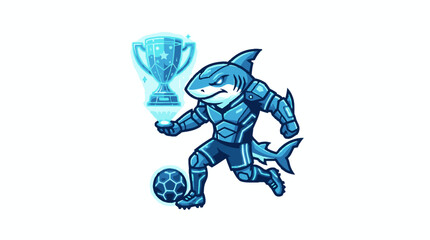 Fototapeta premium Armored shark mascot character playing soccer with a trophy.