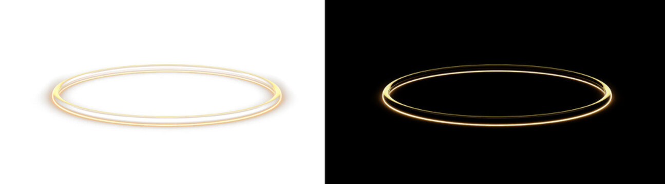 Golden glowing halo ring light isolated on transparent background with soft white border.