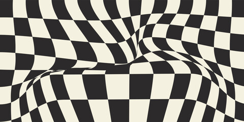 Obraz premium Trippy abstract wavy checkerboard black and white pattern. Optical illusion retro background, vector illustration eps 10