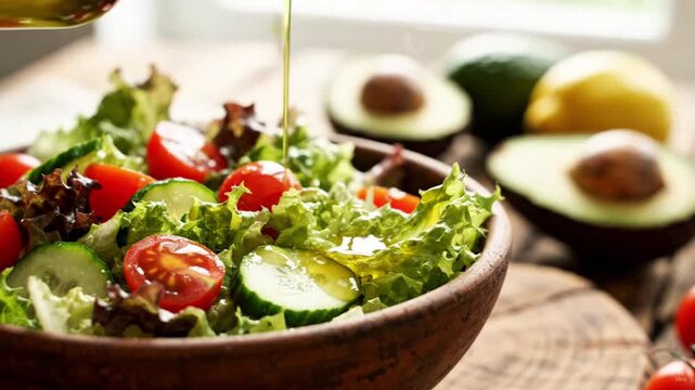 Fresh green salad with cherry tomatoes and cucumber in a wooden bowl, drizzled with olive oil, with avocados and lemon in the background.