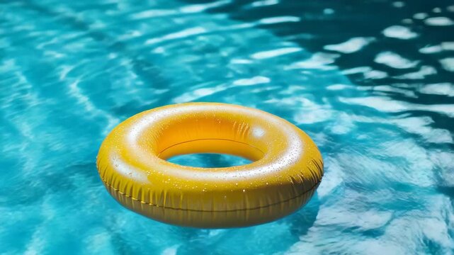 A yellow inner tube floating on a pool of water with light ripples.
