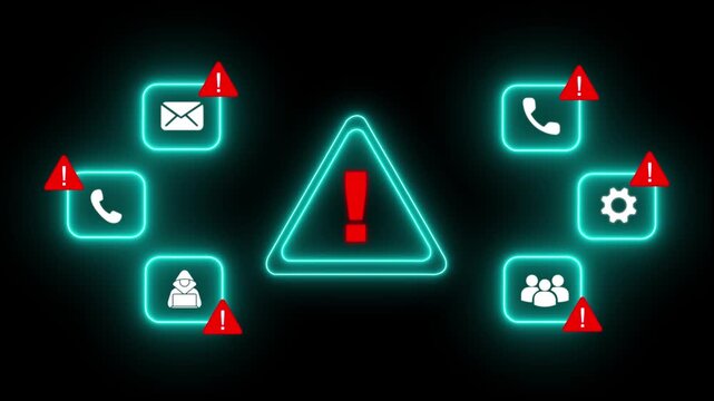 Scam alert warning. cybersecurity concept a prominent digital warning sign surrounded by alert icons, symbolizing online security threats, data protection, and scam prevention