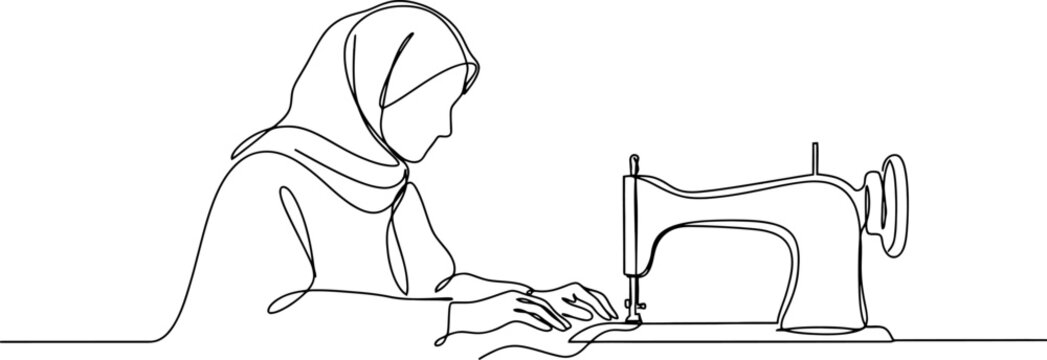 Woman wearing hijab sewing on a vintage sewing machine in continuous line style 