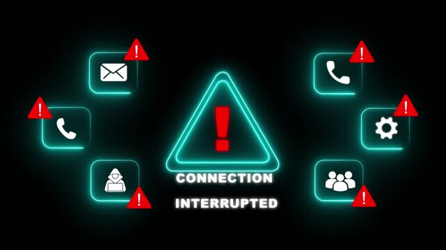 Connection Interrupted Alert Warning Message Attack on Screen. Wire Frame World map Radar Network Glitch Distortion. Login, Password and Progress Bar Futuristic UI Elements. Dives hacking concept. 4k