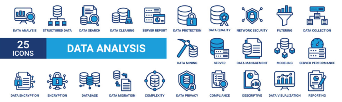 Data analysis icon set. Containing structured data, data search, data cleaning, server report, data protection, data quality, network security, filtering and more. Blue vector icons collection.