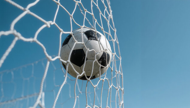 青空の下でサッカーボールがゴールネットに入る写真