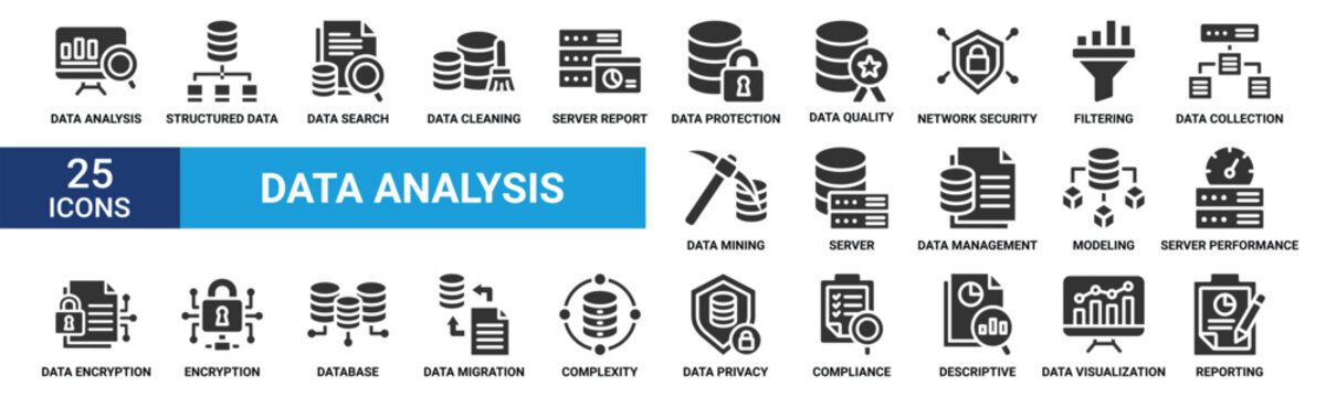 Data analysis icon set. Containing structured data, data search, data cleaning, server report, data protection, data quality, network security, filtering and more. Glyph vector icons collection.