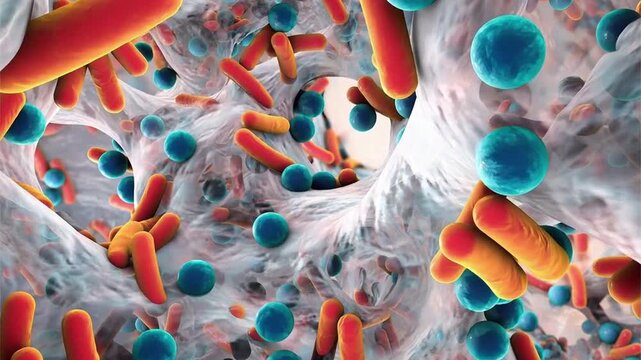 Bacteria of different shapes within biofilm, 3D animation showing cocci and rod-shaped cells embedded in extracellular matrix, illustrating microbial community and resistance.