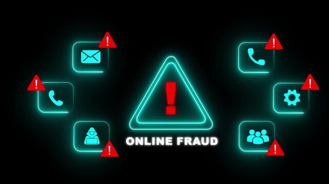 Glowing Neon Icons Representing Online Fraud Threats on Dark Background cyber security internet crime