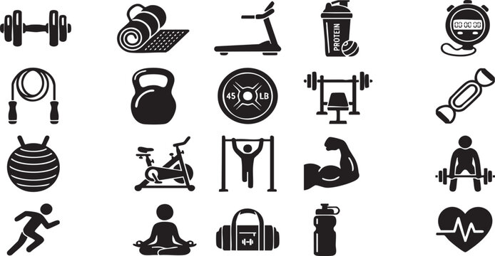 Gym Icon Set: A collection of monochrome fitness and sport icons, including dumbbells, treadmills, yoga mats, and weightlifting equipment, perfect for illustrating health and wellness themes.