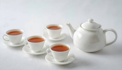 Fototapeta premium Elegant white porcelain teapot accompanied by three matching delicate teacups filled with warm amber tea on a clean bright minimal surface captured with soft natural lighting for a peaceful atmosphere