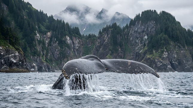 Majestic humpback whale tail fluke breaching the ocean surface